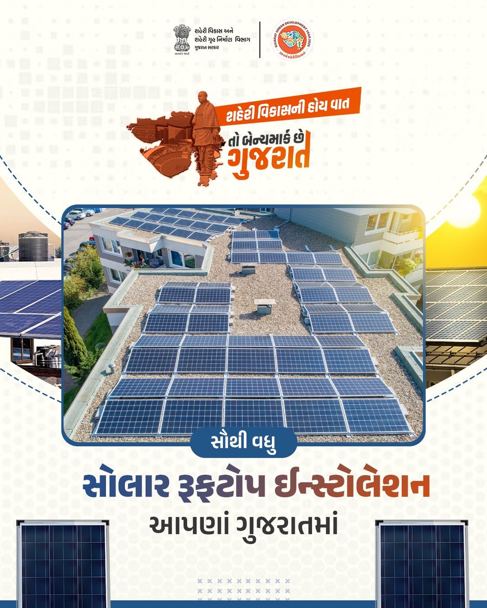 અર્બન ડેવલોપમેન્ટમાં ગુજરાત છે દેશનું રોલમોડલ

દેશમાં સૌથી વધુ સોલાર રૂફટોપ ઈન્સ્ટોલેશનમાં ગુજરાત બન્યું અગ્રેસર

સ્વચ્છ સૌર ઊર્જા થકી દેશમાં ક્લીન એનર્જીનું પર્યાય બન્યું ગુજરાત

#UDY2025