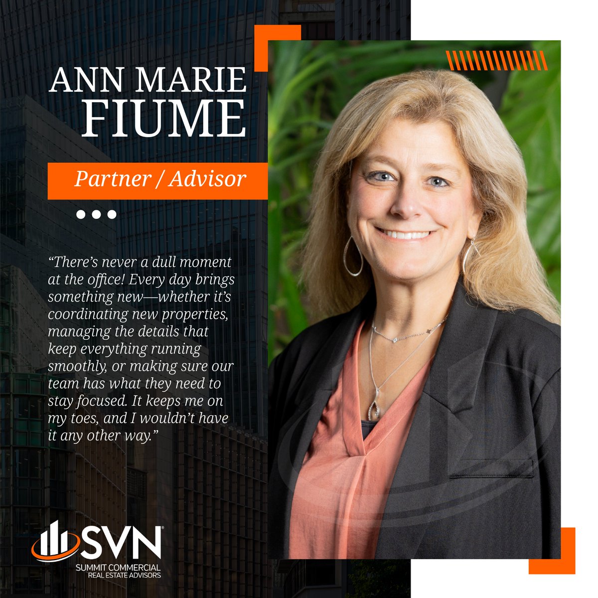 SVNSummitCRE's tweet photo. #TeamMemberSpotlight: Ann Marie Fiume
As Partner &amp; Advisor, Ann Marie is the steady force behind our team—bringing focus, heart, and the attention to detail that keeps everything moving. Her discipline, warmth, and leadership shape the culture we’re proud of.
#SVNSummitCRE https://t.co/RXKLfADngp