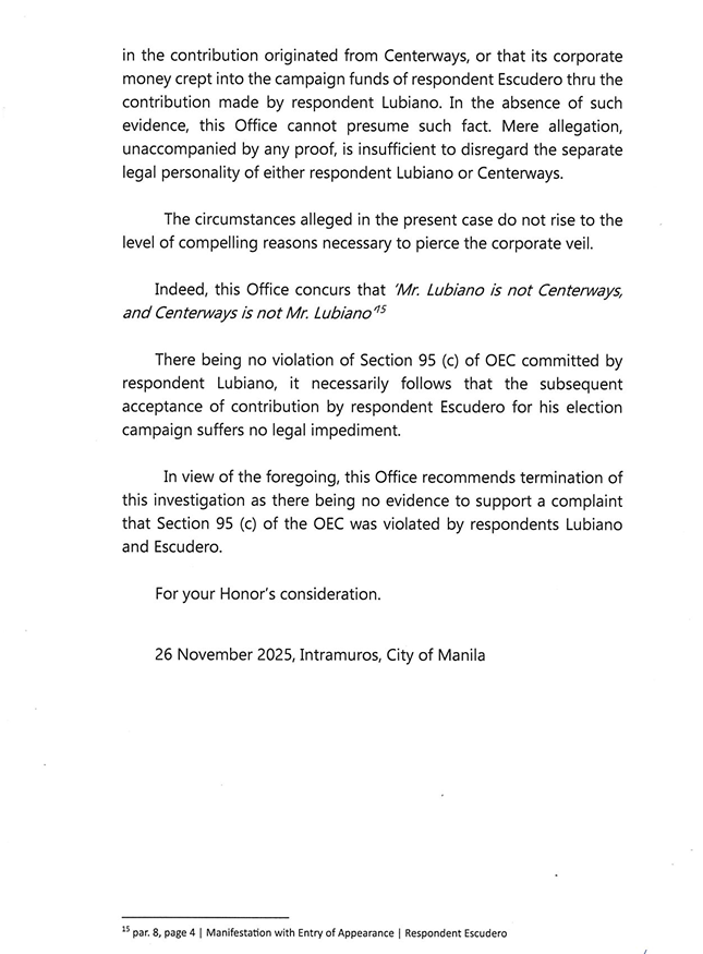 newswatchplusph's tweet image. COMELEC CLEARS ESCUDERO OF ELECTION OFFENSE OVER LUBIANO’S CAMPAIGN CONTRIBUTION

JUST IN: The Comelec Political Finance and Affairs Department has ruled that Lawrence Lubiano, president of contractor Centerways Construction, did not commit any violation when he contributed P30…