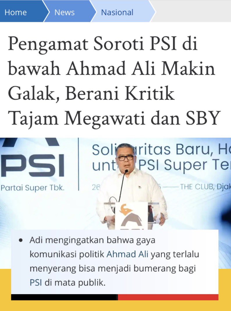 mulanbilqis's tweet image. Gaya berpolitik Ahmad Ali yang kerap tajam menyinggung partai lain ini terbilang sangat berani, seperti sengaja rusuh, keras dan brutal. 

Gaya Pak Ali ini rentan menempatkan PSI jadi ‘musuh bersama’. 

——-
Jayapura Fermin JUNIORMARK NEXT VIBES 2026 B.31 Desember 2025