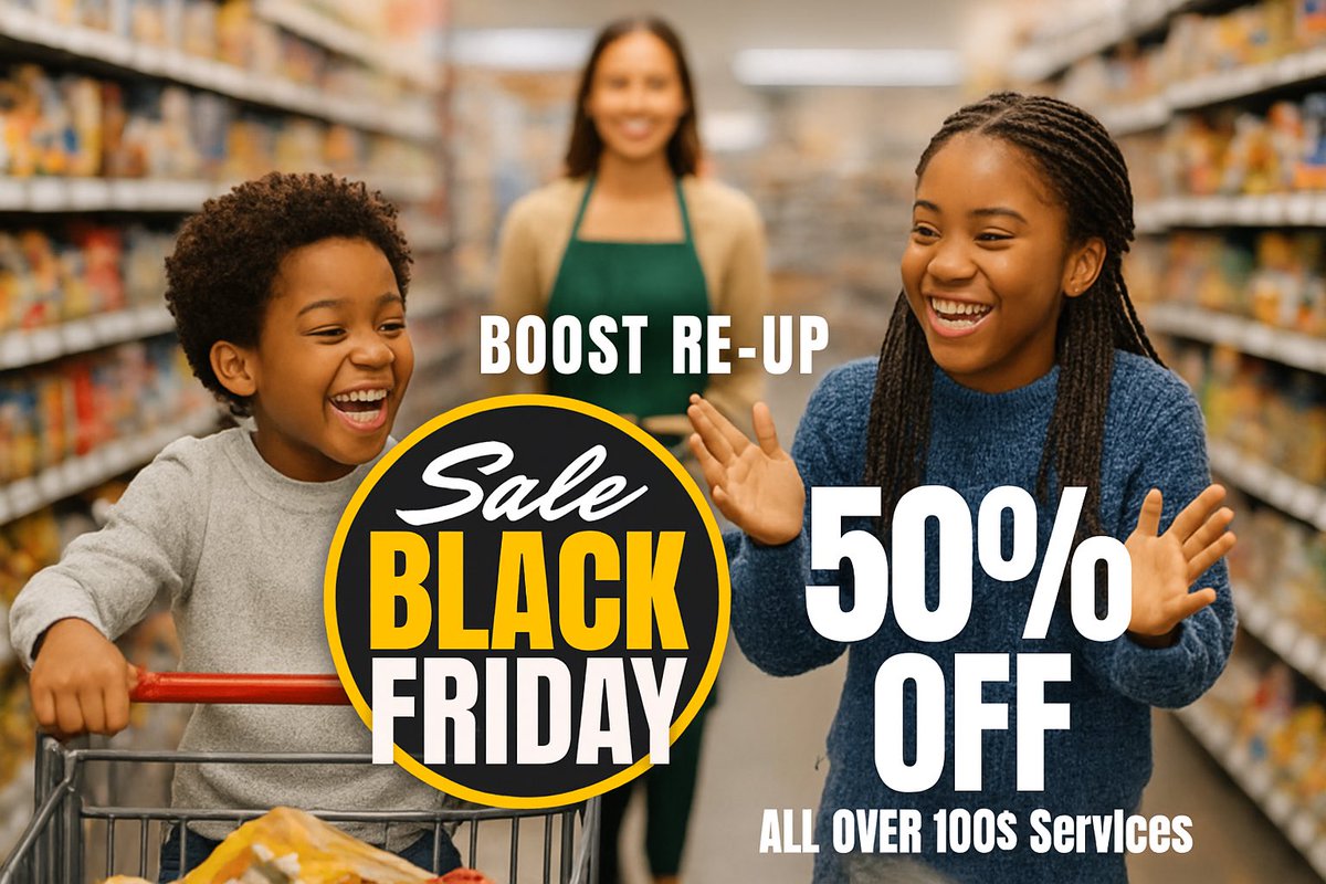 BoostReup's tweet photo. Boost Re-Up’s Black Friday Sale is your moment to elevate your brand fast. With 50% Off all services over $100, small businesses get premium design, marketing, and brand upgrades for half the price. 

📍https://t.co/jUINasaGhp https://t.co/gFPBjVXK5w