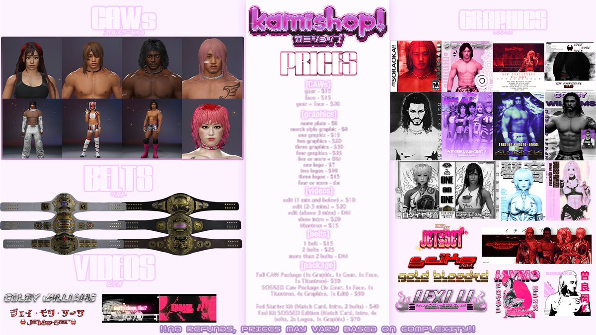 UPDATED COMMISSION SHEET, COME COP FROM KAMISHOP!! COMMS OPEN

[#WWE2K25 #CAW #HLR #CommissionsOpen #WWE2K26]