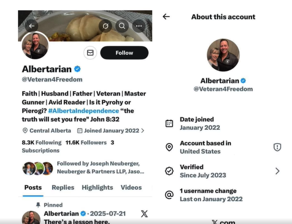 CdnFreethinker's tweet image. The account &quot;Albertarian&quot; is based in the United States. #ForeignInterference #FakeAccount
