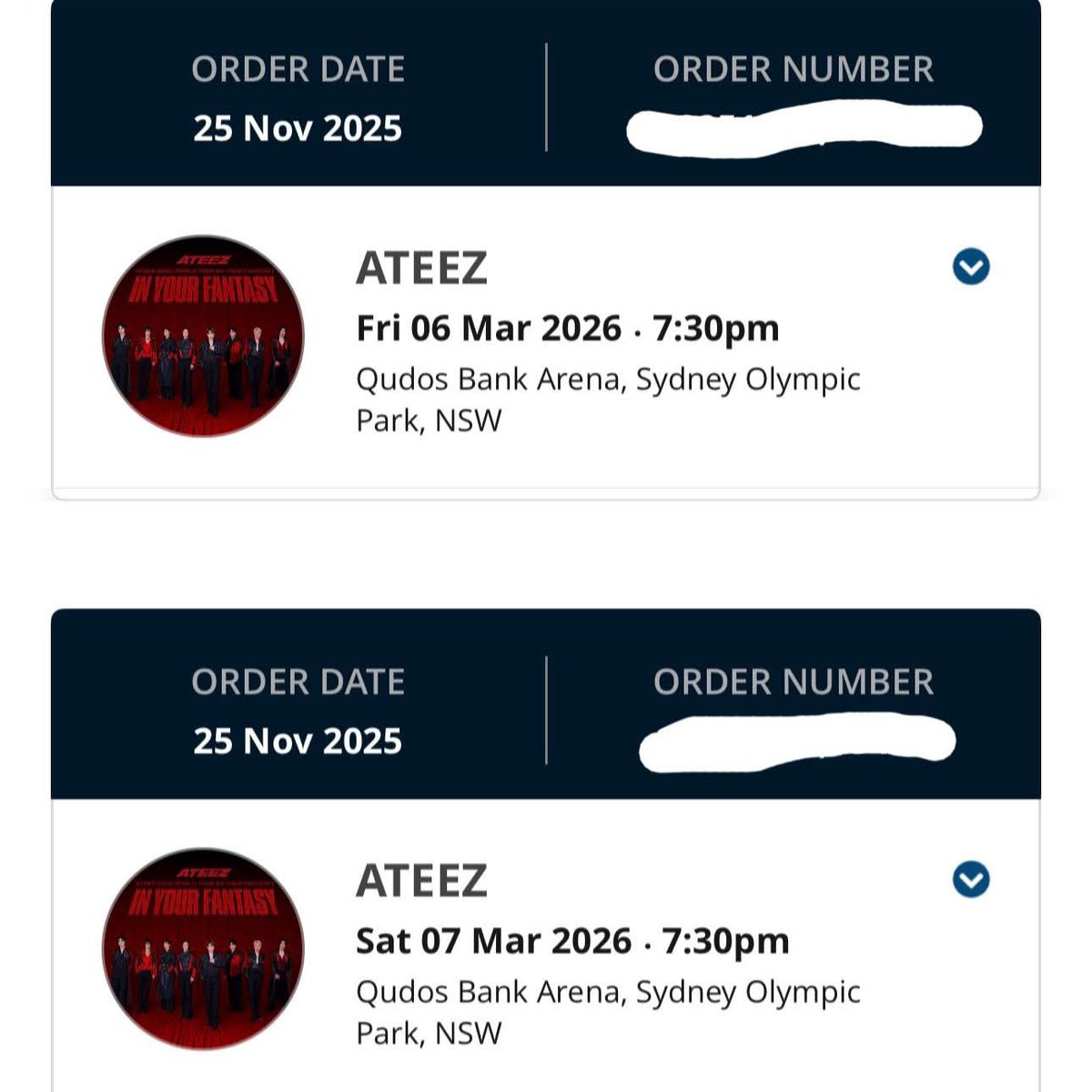 Got my ATEEZ Sydney tickets for BOTH Night 1 &amp; 2 thanks to <a href="/haventicketing/">haven 𓍼 ོ☁︎ TICKET ASSISTANCE</a> 🥺🫶🏻 Honestly thought I was doomed after the first two presales, then out of nowhere managed to grab two VIPs. I’m actually gonna cry thank you sm 😭🖤 #thankshav