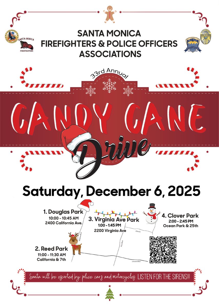 Santa Claus is coming to town with Santa Monica's police officers &amp; firefighters leading the way. Santa and his public safety helpers will be distributing good cheer and thousands of candy canes as part of this year’s 33rd Annual "Candy Cane Drive.”

Everyone is invited to join