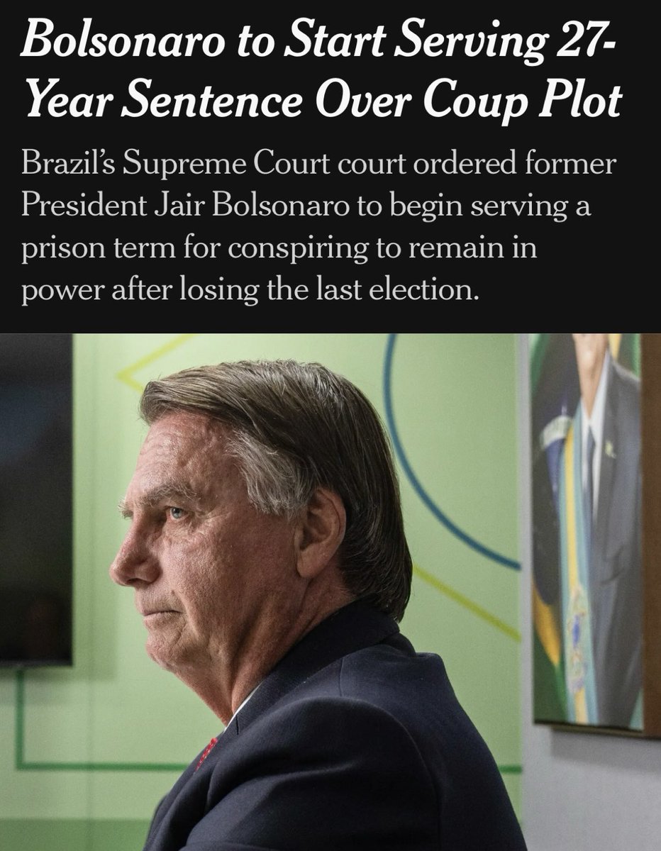 NotHoodlum's tweet image. Brazil’s Supreme Court ordered former far-right President Jair Bolsonaro to begin a 27-year prison sentence for his failed coup plot. 

Why didn’t we do that here?
reuters.com/world/americas…