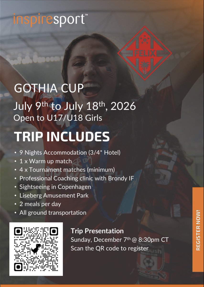 Want to play overseas? Train with a pro club? Experience a once in a lifetime trip? Join us for our Trip Presentation on Dec 7th! Scan QR Code for registration!

#corajeycorazón #FTA #GothiaCup