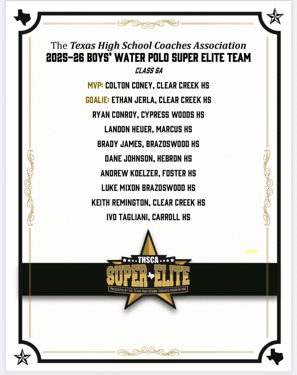 TISCA All-Region selection and THSCA ALL-Elite team. 
Congrats to the Clear Creek Wildcats!! What an Amazing year.