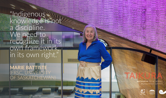 src_rsc's tweet image. Marie Battiste @imperialbuster (FRSC, @usask) leads a keynote discussion on Indigenous thought leadership in Canada, sharing ongoing community struggles for Indigenous knowledge, and action that needs to happen to build transsystemic transformations. #Taikura