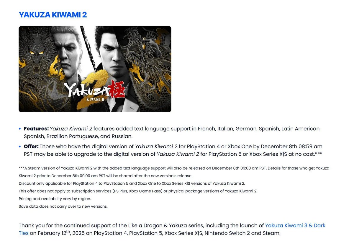 Yakuza 0 DC, Kiwami y Kiwami 2: se anuncian ofertas de actualización para PS5, Xbox Series y PC Para los propietarios que tengan el juego en digital antes del 8 de diciembre:

-Yakuza 0 (PS4/XBO/Steam): 14,99$
-Yakuza Kiwami (PS4/XBO): 1,99$
-Yakuza Kiwami 2 (PS4/XBO): Gratis