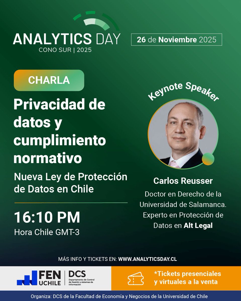 CarlosReusser's tweet image. 🚀 ¡Analytics Day 2025 ya está aquí!
 “Datos y Agentes de IA: Redefiniendo el Futuro de la Toma de Decisiones”

Este 26 de noviembre viviremos una nueva versión del Analytics Day en la FEN UCHILE, el encuentro que reúne a líderes, profesionales y entusiastas del mundo de los…