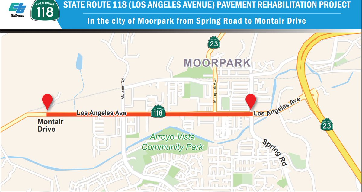 CaltransDist7's tweet image. 🚧LOS ANGELES AVENUE IN MOORPARK🚧

The right lane of Los Angeles Avenue will be blocked in both directions with a moving tree trimming operation &amp;amp; drainage work between Tierra Rejada Rd &amp;amp; Spring Rd Monday 12/1 - Friday 12/5 from 7PM - 6AM (10AM Sat).
