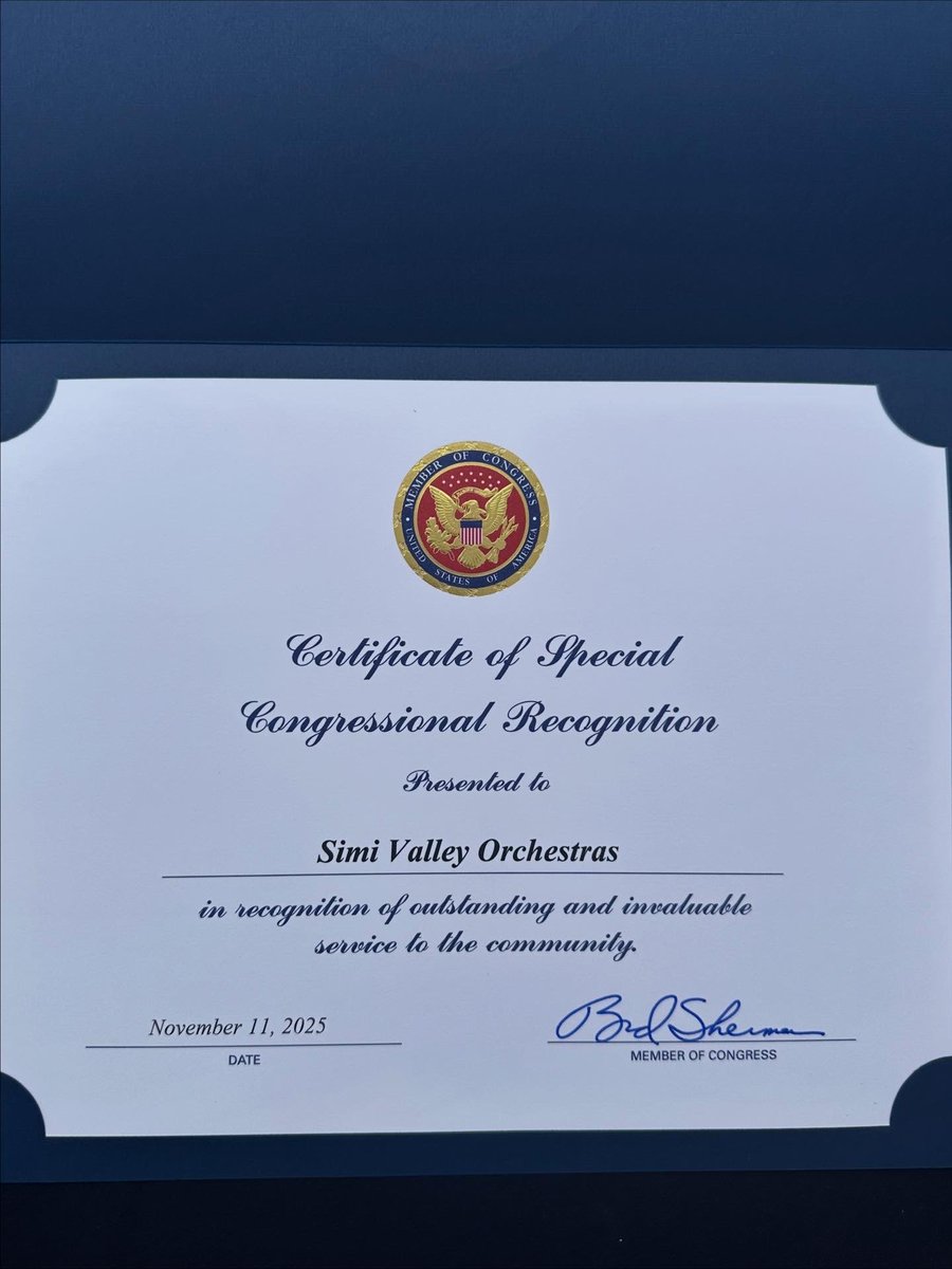 svorchestras's tweet image. We were honored to receive this special certificate from the United States Congress on Veterans Day. 🇺🇸

Thank you Congressman @BradSherman. The SVO is grateful to the Rancho Simi Recreation and Park District for all their support as well. ❤️

#simivalleyorchestras #simivalley