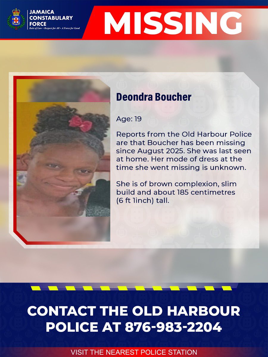 JamaicaConstab's tweet image. Help us locate missing Deondra Boucher. If you know her whereabouts, please call the Old Harbour Police or the nearest police station. 

#Missing