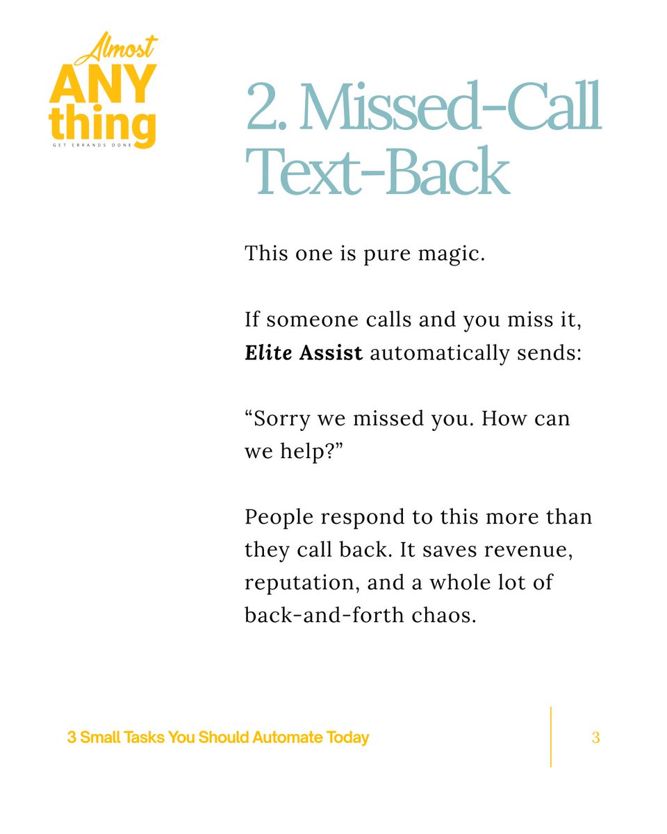 almostanythingi's tweet photo. Three tiny tasks you should automate today inside Elite Assist:
Instant-reply to every new lead.
A missed-call text so no one slips away.
Daily follow-up reminders so hot leads stay hot.

#EliteAssist #AlmostAnythingInc #BusinessAutomation #CRMSupport #LeadManagement https://t.co/Cq9N06tUaO
