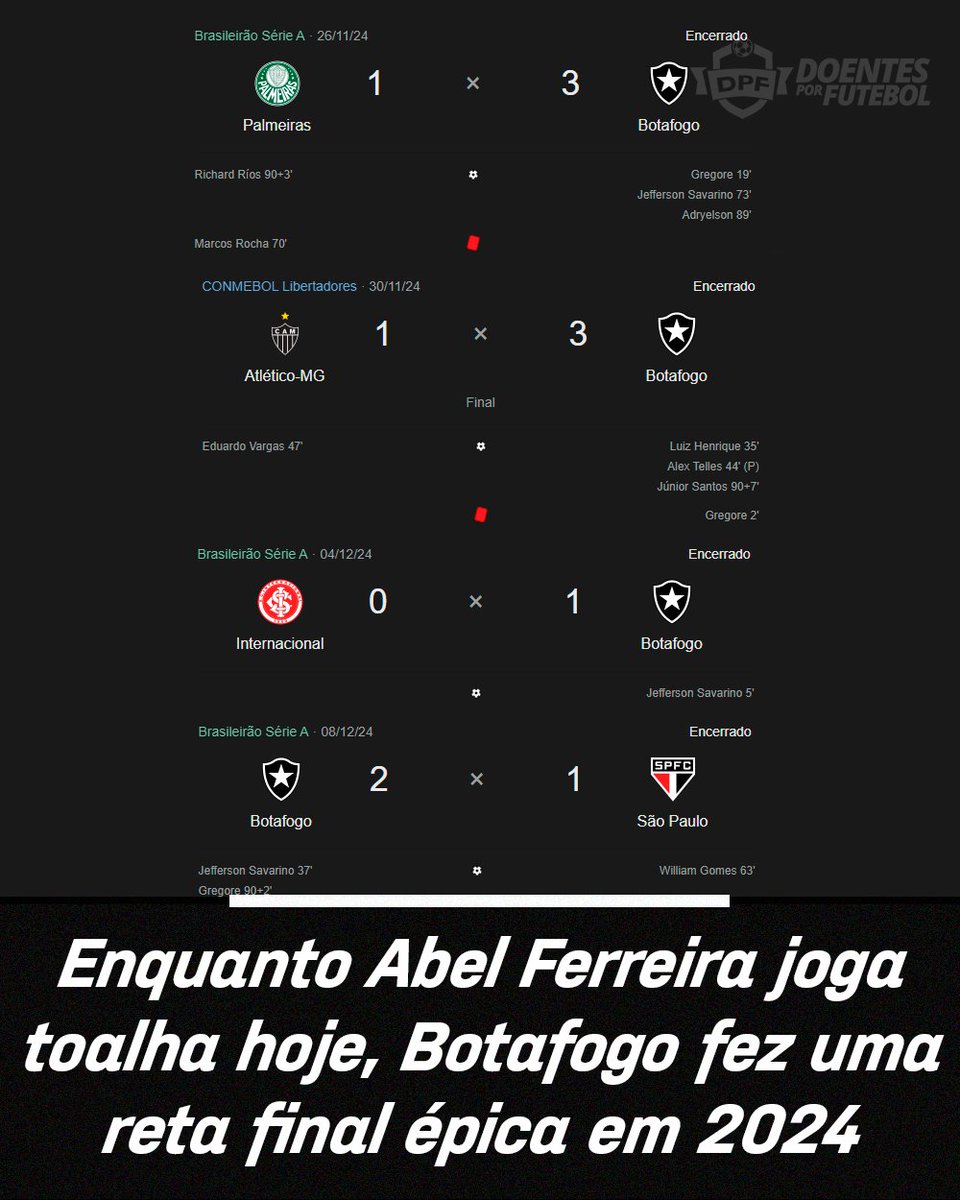 DoentesPFutebol's tweet image. Eram os mesmos 3 últimos jogos do Brasileirão. Também última semana de novembro. Tinha também final de Libertadores no final de semana.

Botafogo era vice do Palmeiras.

O Glorioso fez simplesmente uma reta final ÉPICA com os titulares jogando TODOS os jogos. Vencendo as quatro…