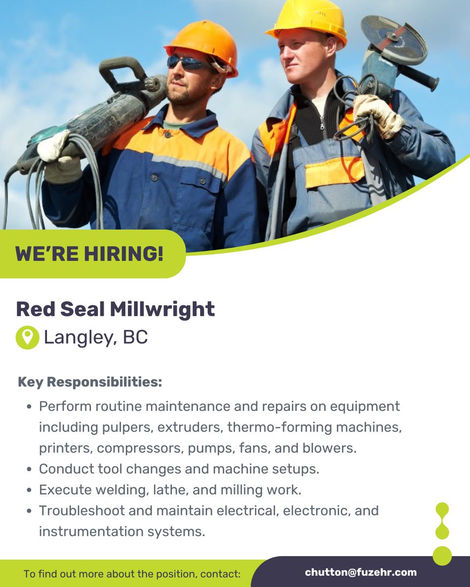 FuzeHR's tweet image. Now Recruiting: Red Seal Millwright – Langley, BC

📩 Apply now: Send your resume to Chris Hutton at chutton@fuzehr.com
🔗 ow.ly/HlbT50XvYR6

#Millwright #RedSeal #MaintenanceJobs #Manufacturing #IndustrialJobs #SkilledTrades #BCJobs #NowHirin #Langley #BC#Canada