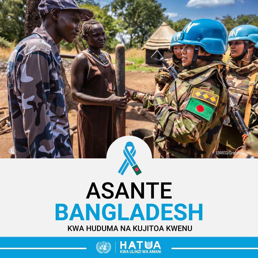 Zaidi ya maafisa 5,600 wa jeshi na polisi kutoka #Bangladesh wanatoa huduma kwa ajili ya amani katika misheni saba za <a href="/UNPeacekeeping/">UN Peacekeeping</a> duniani, wakiwaacha familia zao ili kuwalinda walio hatarini zaidi.

Tunawashukuru wanawake na wanaume hawa jasiri kwa huduma na kujitolea kwao.