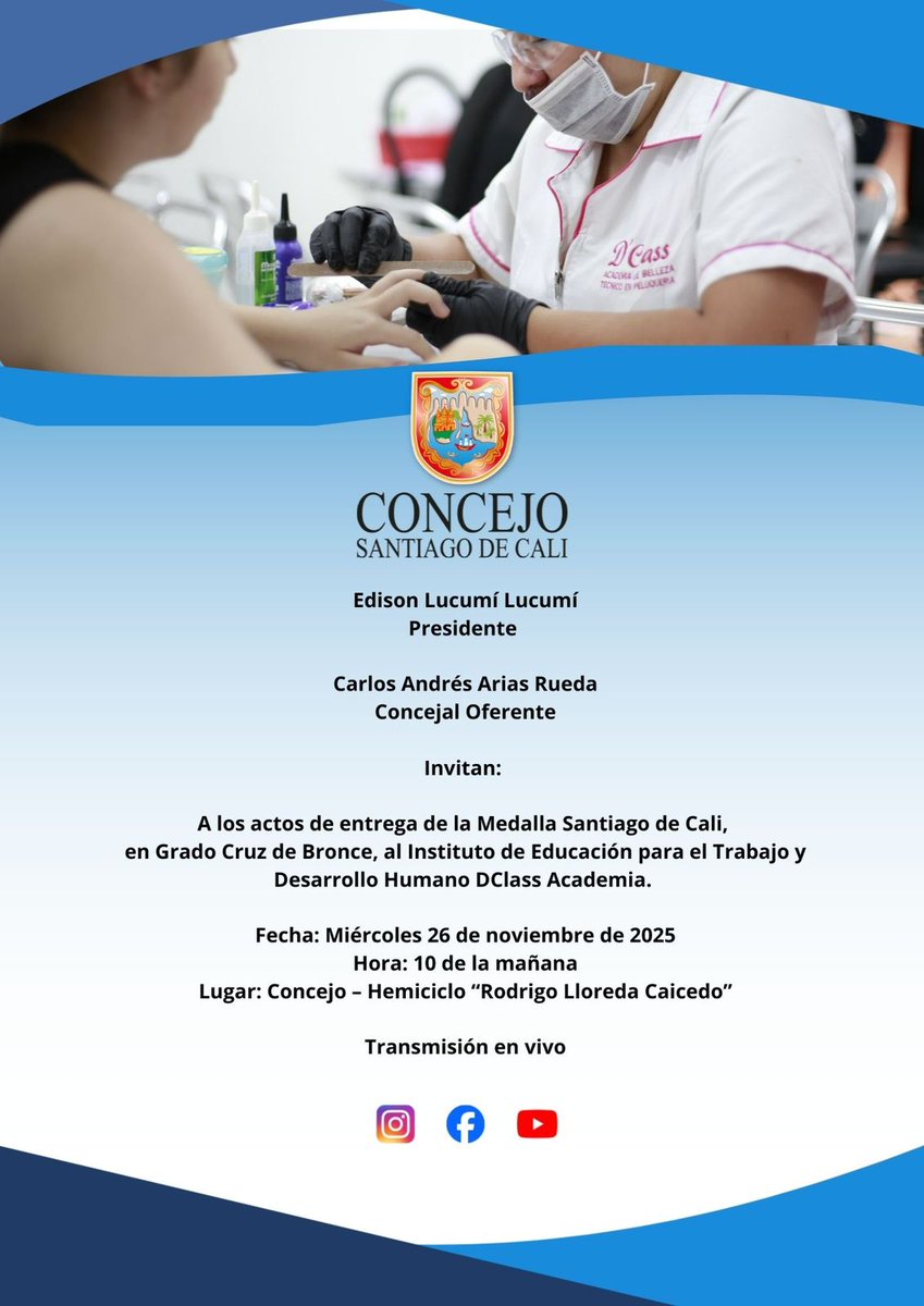 Este miércoles 26 de noviembre, el Instituto de Educación para el Trabajo y Desarrollo Humano DClass Academia será exaltado en el Concejo de Cali. 🌟🎉📘