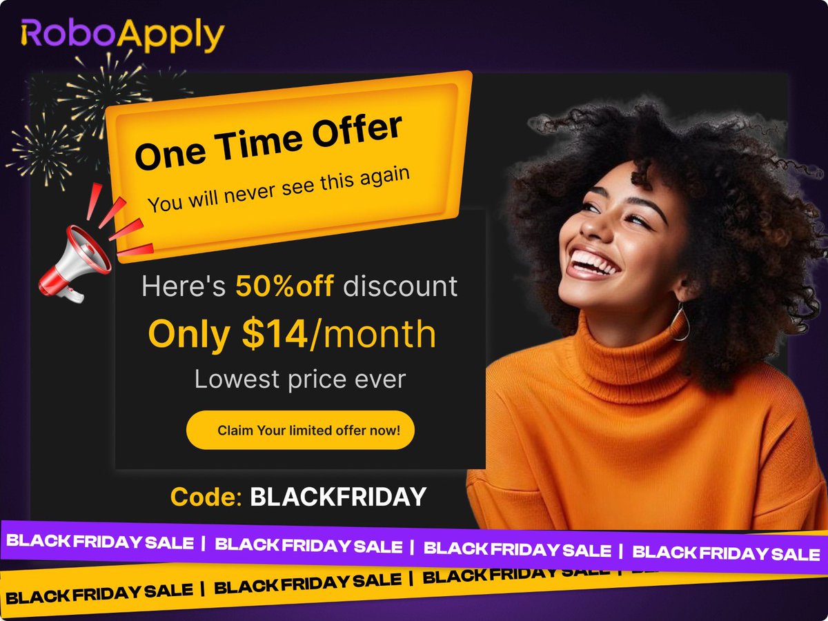 RoboApply's tweet image. RoboApply The AI that applies to hundreds of jobs in minutes with fully tailored resumes, and an Interview Copilot that gives you real-time answers during interviews 🚀

BLACK FRIDAY SPECIAL 50% OFF 🎁 Code: BLACKFRIDAY

#RoboApply #Blackfriday #AutoApply #TailoredApply