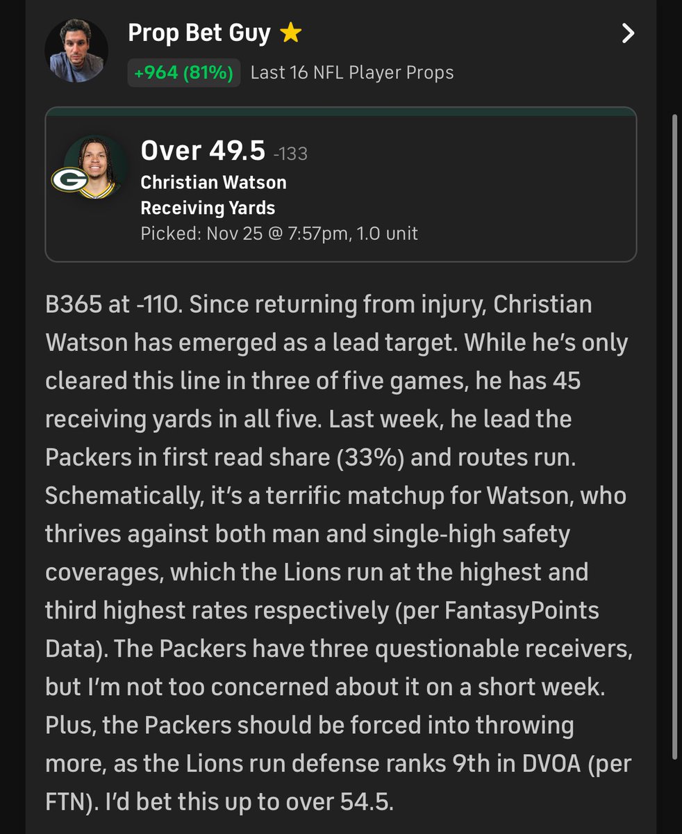 PropBetGuy's tweet image. 1u - Christian Watson (GB) over 49.5 receiving yards -110

#nfl #PlayerProps 

Locked in for Turkey day.
