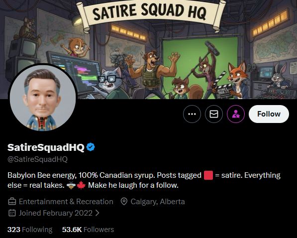 CdnFreethinker's tweet image. The account &quot;SatireSquadHQ&quot; is based in Colombia.
#ForeignInterference #FakeAccount