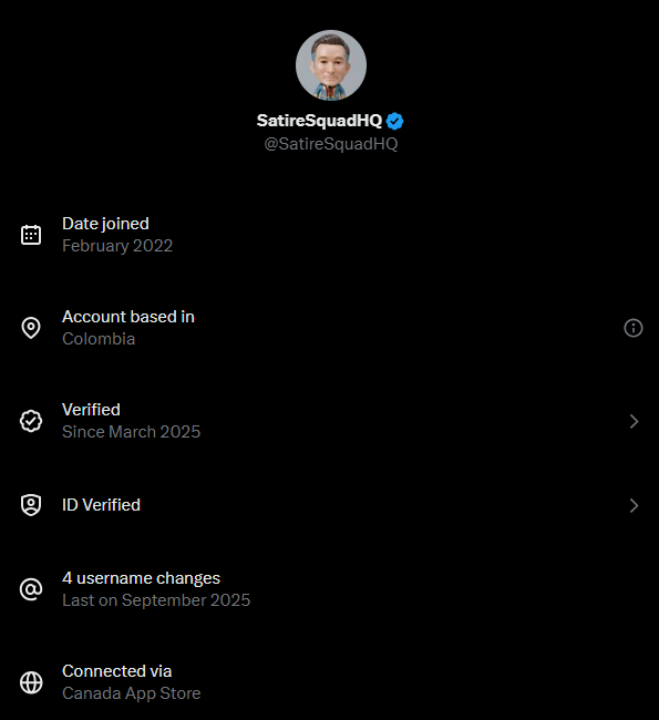 CdnFreethinker's tweet image. The account &quot;SatireSquadHQ&quot; is based in Colombia.
#ForeignInterference #FakeAccount