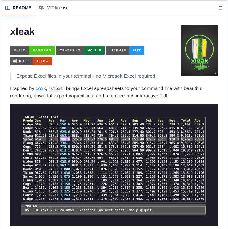 tom_doerr's tweet photo. View Excel files in the terminal

https://t.co/JMymoY7SI9 https://t.co/Ww9czydArQ