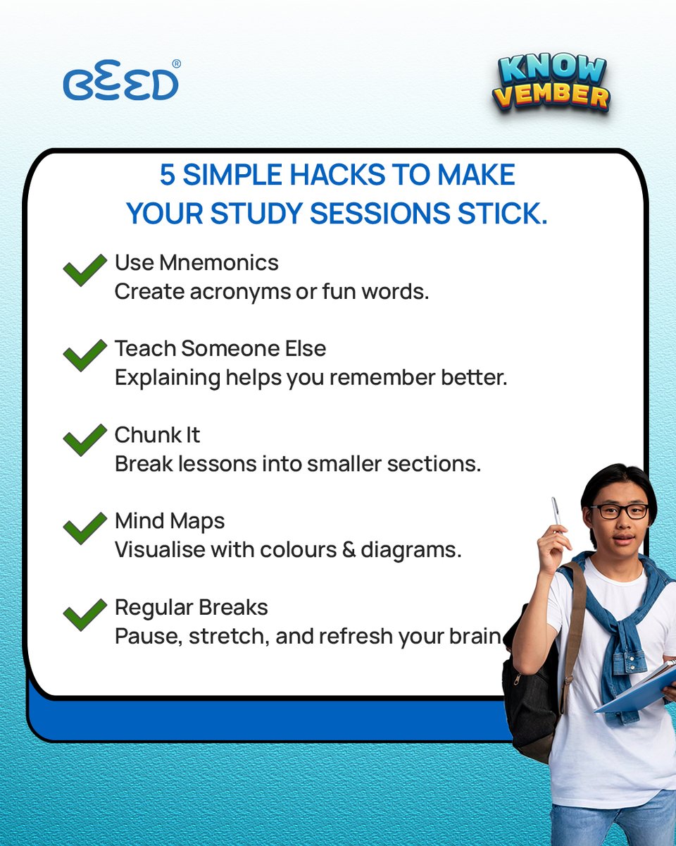 BeBeedtheworld's tweet image. Struggling to make lessons stick? 🧠📚
Try these five simple memory hacks, from mnemonics to mind maps, that turn learning into lasting knowledge.
✨ Which one will you try first?

🔗Find out more at beed.world
#EdTech #LMS #EdTechSolutions #LearningUnlocked