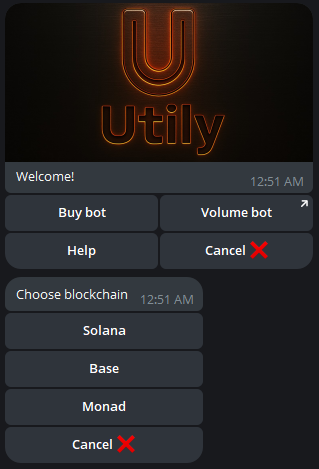 Utily Buybot’s support is now LIVE on
✅Base 
✅ Solana 
✅ Monad
BSC next… ⏳🚀

#Utily #Buybot #Base #Solana #Monad #BSC #Crypto #DeFi #TelegramBots