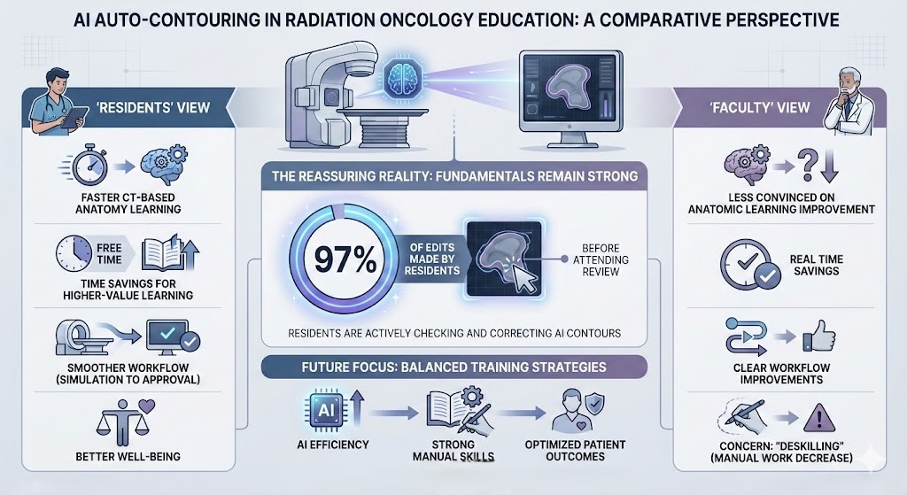 When it comes to AI auto-contouring, are residents and faculty seeing it the same way?

A new study by <a href="/qian_alexander/">Alex Qian</a> and <a href="/NikhilVKotha/">Nikhil Kotha, MD</a>  shows differences between the two groups.

practicalradonc.org/article/S1879-…

Residents reported:
 • Faster CT-based anatomy learning
 • Major time
