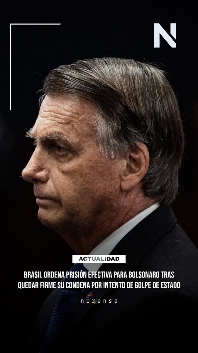 N_PrensaCL's tweet image. ⚡Brasil ordena prisión efectiva para Jair Bolsonaro tras quedar firme su condena por intento de golpe de Estado. Deberá cumplirla en régimen cerrado por riesgo de fuga. Más información:
 instagram.com/reel/DRgBUMhjZ…