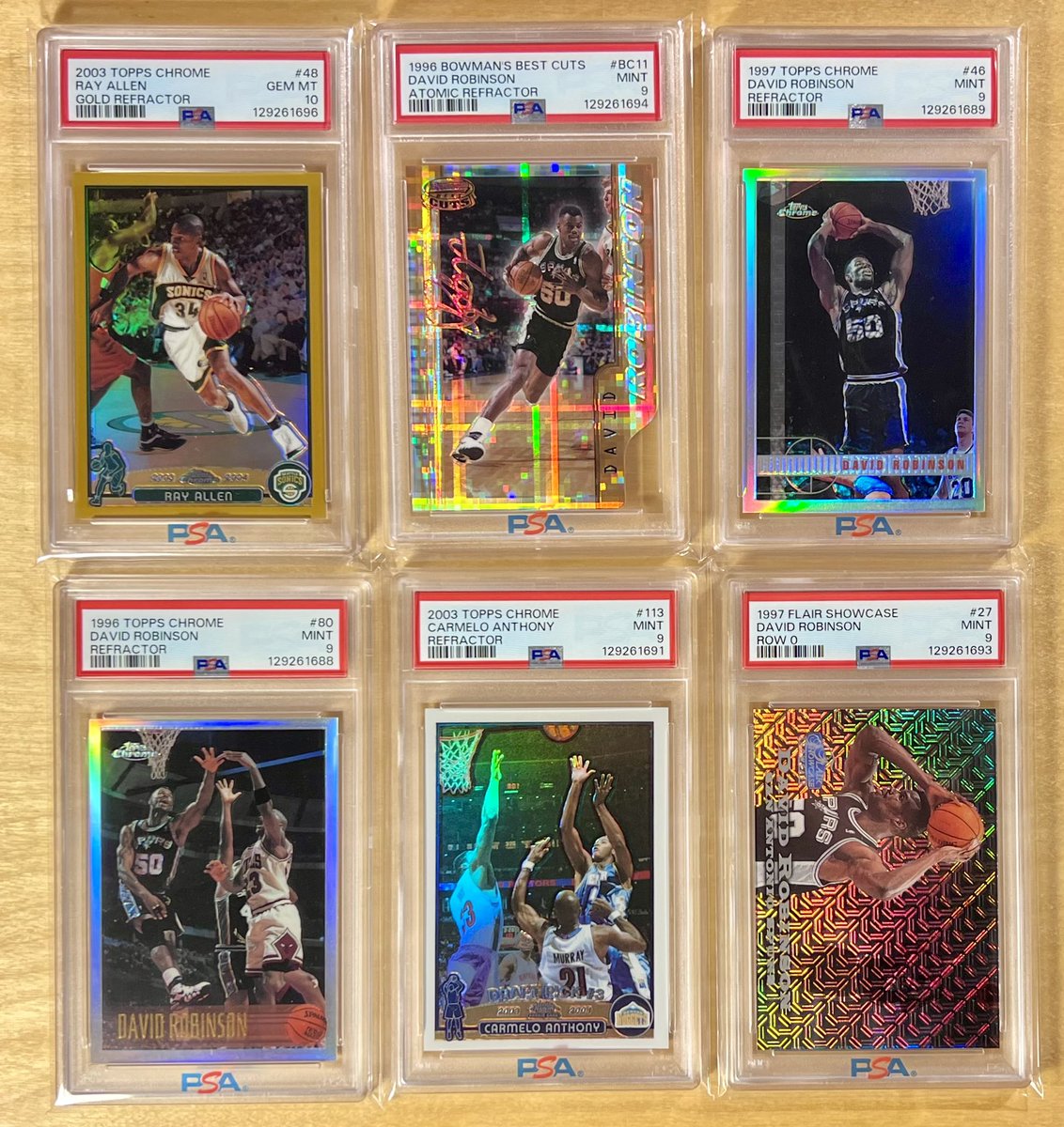 Available slabs 🏀

Allen /99 — $1400 OBO
Robinson atomic — $140
Robinson 1997 refractor — $200
Robinson Row 0 /500 — $450
Robinson 1996 w/MJ — $950
Anthony — $250

RTs appreciated 😎