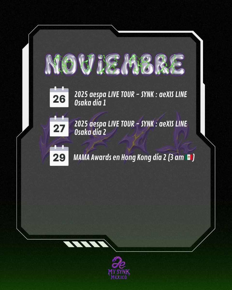 MY! Te traemos las noticias de la semana 📢

✨aespa nominada Bonsang en los 2025 MMA Awards

✨Cancelación evento 8Wonder Winter Symphony of Stars

✨aespa en Gayo Daechukje

✨aespa en Gayo Daejeon

✨”WINTER blues” transmisión en línea 

Les dejamos el calendario de la semana