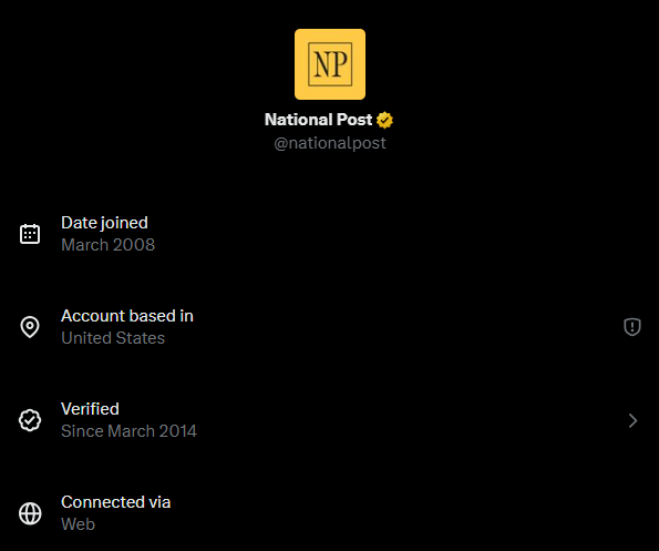 CdnFreethinker's tweet image. The &quot;National Post&quot; account is based in the USA.
#ForeignInterference #FakeAccount