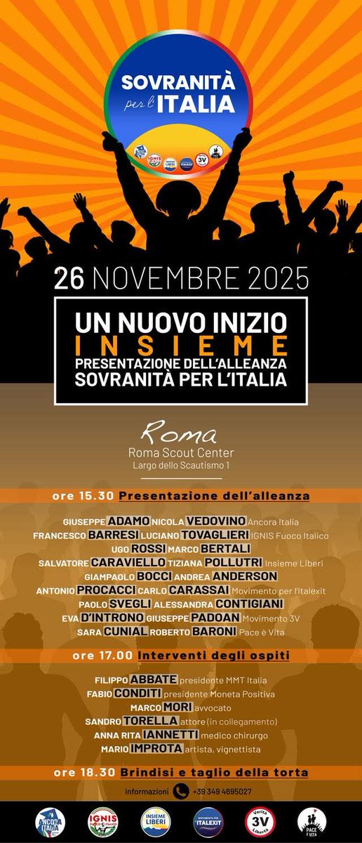 facebook.com/share/p/19yVsz…

A #Roma #OGGI mercoledì #26novembre 2025 alle 15.30 presso il Roma Scout Center nasce 

SOVRANITÀ PER L'ITALIA

Alleanza tra 6 sigle del dissenso:

#InsiemeLiberi
#Movimento3V
#AncoraItalia
Movimento per l’#Italexit
#IGNIS Fuoco Italico
#Pace è #Vita