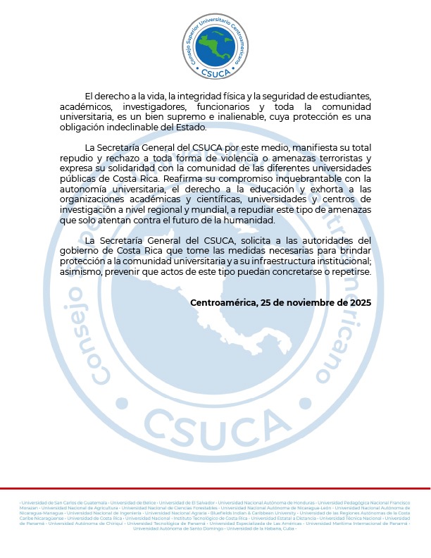 SGCSUCA's tweet image. La Secretaría General del Consejo Superior Universitario Centroamericano ante la amenaza terrorista contra la educación y el pensamiento libre manifiesta su profunda preocupación por las amenazas de ataque terrorista 
👉🏻  csuca.org/es/la-secretar…