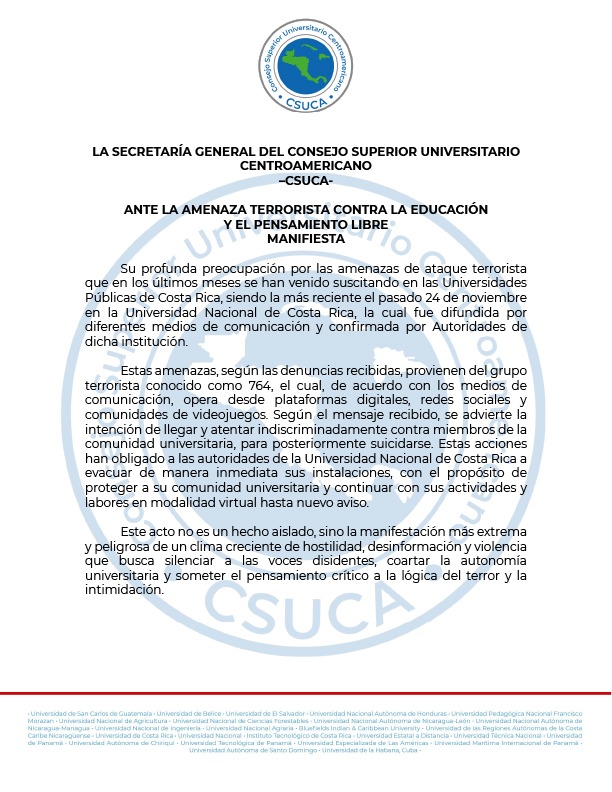 SGCSUCA's tweet image. La Secretaría General del Consejo Superior Universitario Centroamericano ante la amenaza terrorista contra la educación y el pensamiento libre manifiesta su profunda preocupación por las amenazas de ataque terrorista 
👉🏻  csuca.org/es/la-secretar…