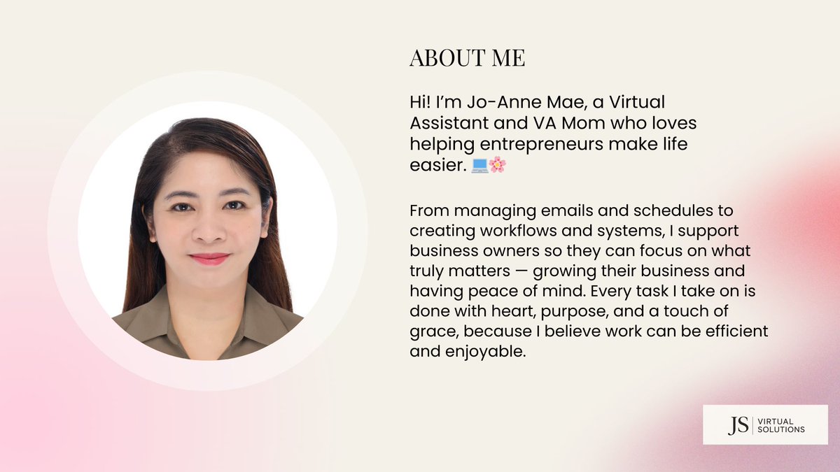 JSVirtualSol_'s tweet image. Faith-driven VA here! 🌸

I help entrepreneurs manage tasks, stay organized &amp;amp; focus on what matters 💛

💌 Let’s connect!