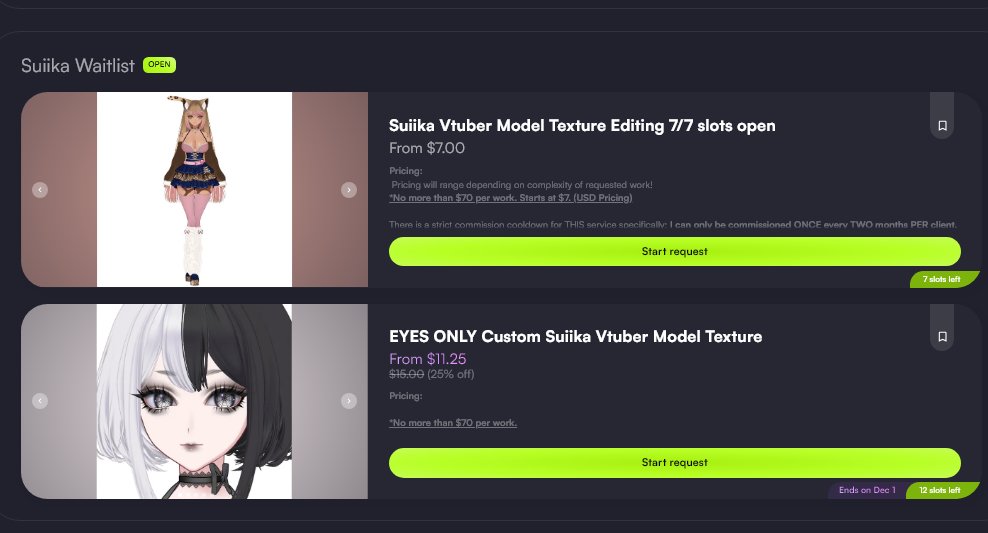 ⭐Vgen is back up!⭐
Some stuff on emergency comm sale!
Slots are open for #suiika model retextures and eye only ones too!
Doing some YCH stuff as well!