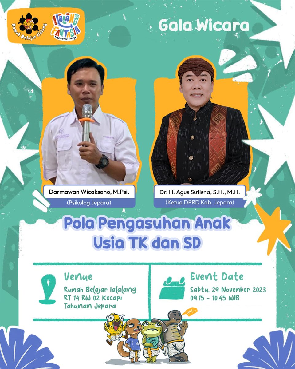Ketua DPRD Kab .Jepara, Agus Sutisna, dijadwalkan akan menghadiri kegiatan Gala Wicara bertema “Pola Pengasuhan Anak Usia TK dan SD”.

📍 Venue: Rumah Belajar Ilalang, RT 14 RW 02 Kecapi, Tahunan, Jepara
📅 Hari/Tgl: Sabtu, 29 November 2025
🕘 Jam: 09.15-10.45 WIB

#dprdjepara