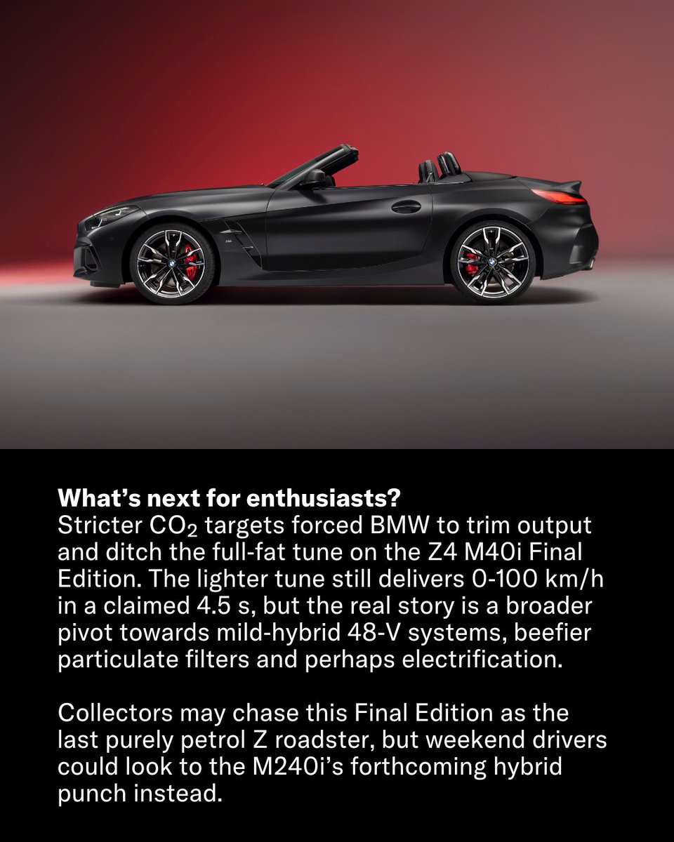 manofmany's tweet photo. BMW just hit the brakes on its last roadster.
The Z4 bows out in March 2026 with a Frozen Matt Black Final Edition, red‑stitched cabin and a detuned 250 kW six-cylinder. You’ll pay at least €4,200 extra for the privilege.
Worth it for a slice of history? 🤔
#manofmany #BMWZ4 #FinalEdition #sportscar #auto #carnews #aussiedrivers #bmw
Images: @bmw