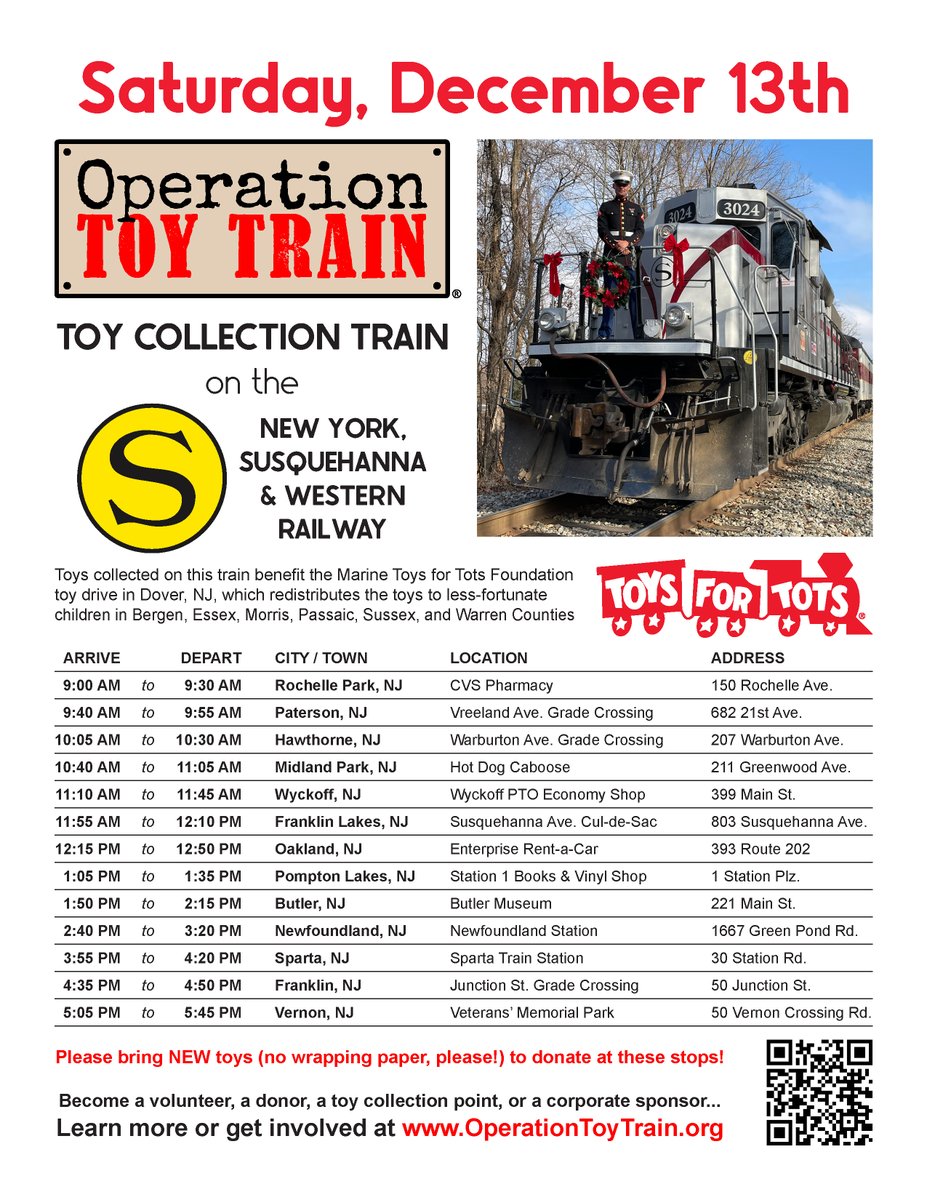 OpToyTrain's tweet photo. And now, for our final and biggest weekend of the year! On Saturday, we'll collect over 20,000 toys on the NYS&amp;W in New Jersey. Sunday is our last collection train of the year as we ride the M&amp;NJ through Orange County, New York. Check out our final stops of the season! https://t.co/VTDv15Qrap