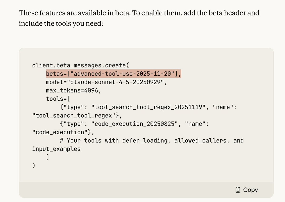 dani_avila7's tweet image. Actually, this could roll out faster than expected. Implementation is straightforward: 

- Add a beta header 
- Two built-in tools (tool_search and code_execution)
- Then opt-in your existing tools with simple flags (defer_loading, allowed_callers, input_examples)

Done! 🤷🏽‍♂️