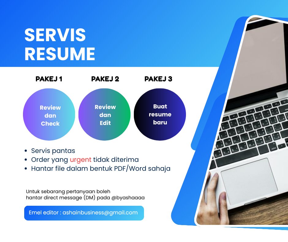 byashaaaa's tweet image. 📌 SERVIS RESUME  

Sesiapa fresh grad yang masih struggle nak cari kerja tu boleh DM saya untuk saya bantu review/edit resume anda. Yang bukan fresh grad nak tukar kerja lain pun boleh juga.

DM saya jika berminat, terima kasih 😊

#jobhunting #resumetips