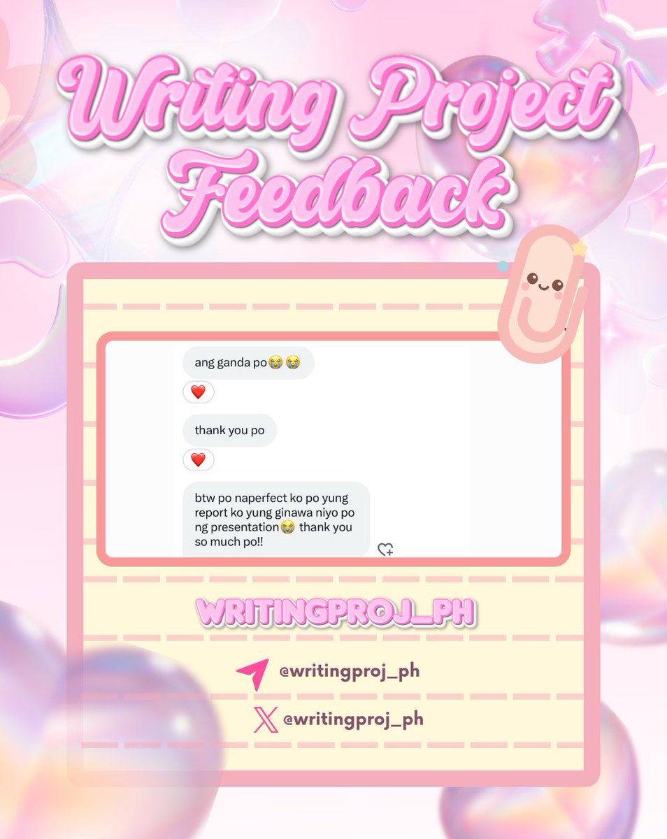 writingproj_ph's tweet image. Infographic, PPT, and Script 🩷

#writingprojectfeedback 

Our team is open for rush and non-rush writing and arts commissions! ✨

📝 Writing Services:
• Thesis
• Research Papers
• Dissertations
• Journal Reviews
• Analyses 
• Critiques
• Reflection Papers
• Creative…