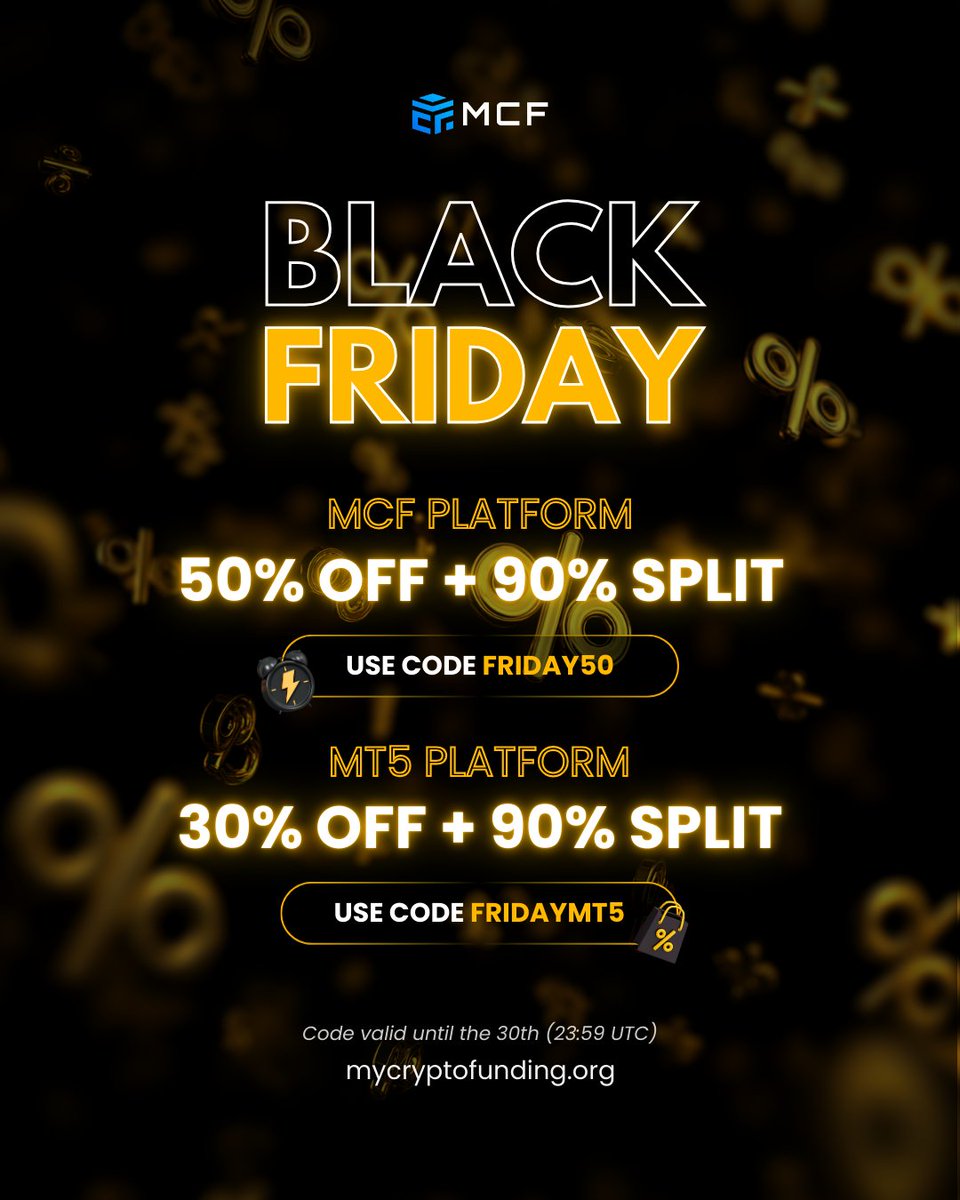MyCryptoFunding's tweet image. Black Friday is HERE, traders! ⚡️🖤
Ends 30/11 – 23:59 UTC, so move fast 👀

🔥 MCF Accounts: 50% OFF + 90% Split
Use code: FRIDAY50
🔥 MT5 Accounts: 30% OFF + 90% Split
Use code: FRIDAYMT5

Your biggest discount of the year is live — go get it! 💼📈