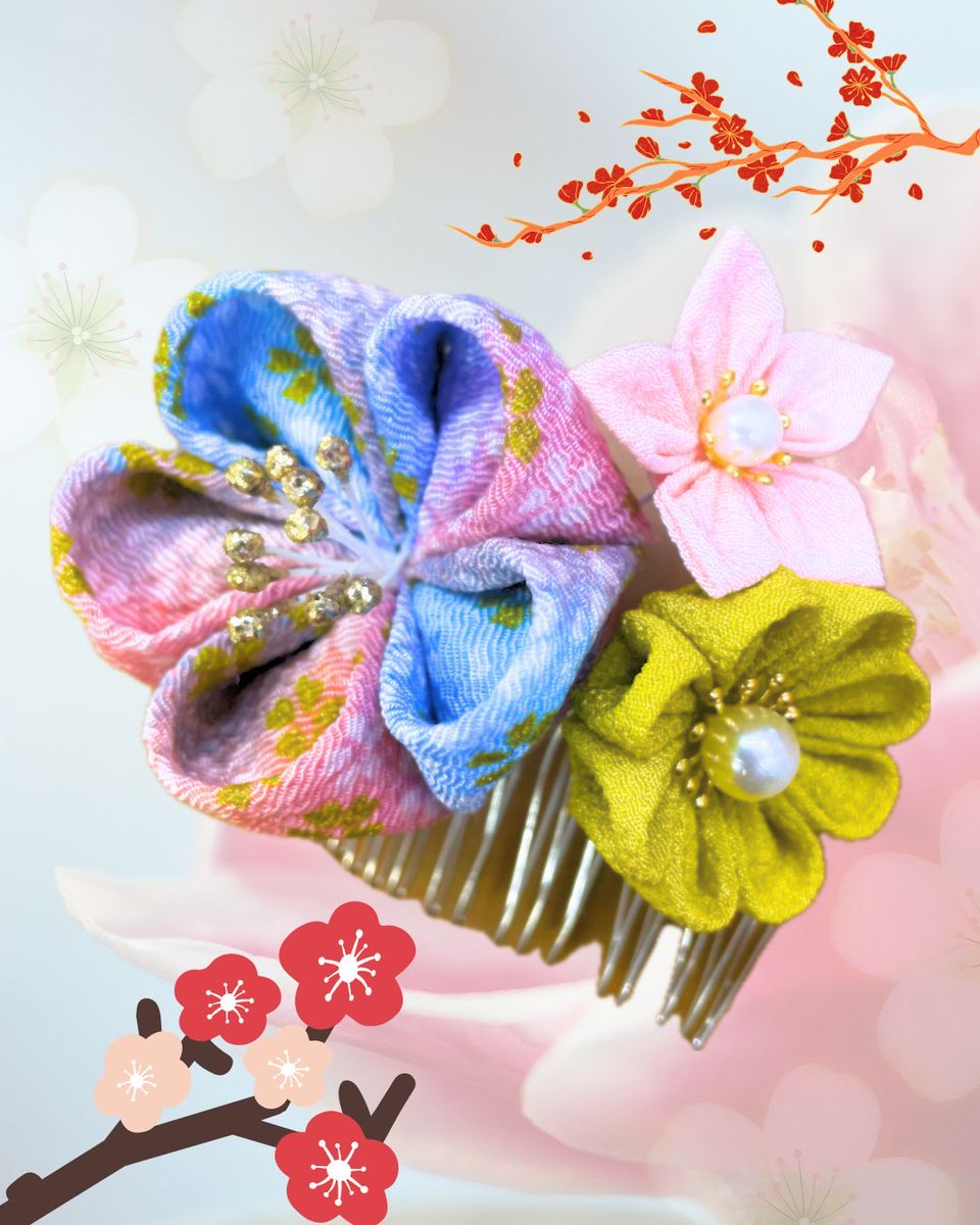 halufactory's tweet image. 🎍おはようございます🎍

成人式などのイベントにこの様なつまみ細工の髪飾りはいかがでしょうか？

大きな梅の花にゴールドや小花がポイントの可憐でもあり大人っぽくもある飾りです

パッチンピンにしようかと思いましたが髪の短い方はくるりんぱをして刺していただけます

年始のご挨拶の時にもぜひ