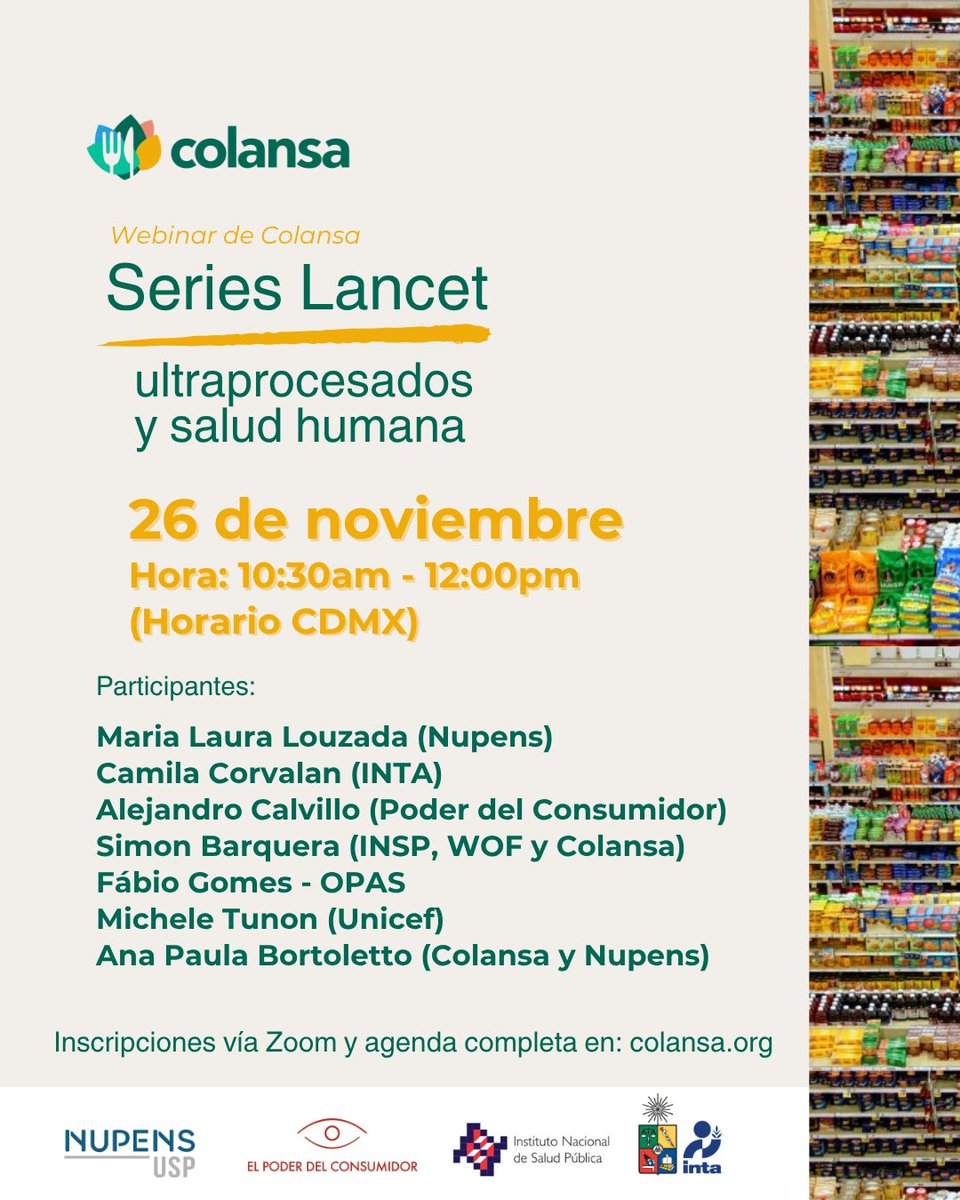 actuaporlasalud's tweet image. Los ultraprocesados son hoy un desafío urgente para la salud pública en América Latina y el Caribe 🚨
📢📅Te invitamos al #webinar de mañana 26 de noviembre, donde se presentará el nuevo estudio de la Serie @TheLancet  y especialistas de la región analizarán la evidencia,…