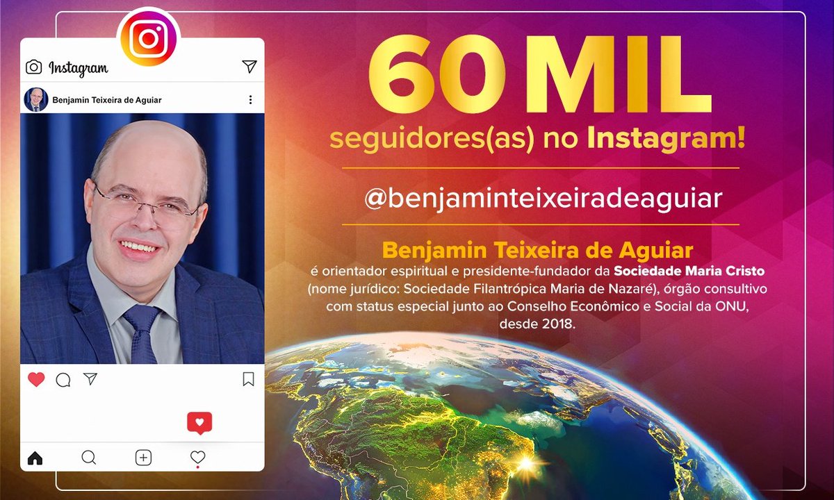 BenjaminTAguiar's tweet photo. 60 mil seguidores(as) no Instagram!
• Siga o orientador espiritual Benjamin Teixeira de Aguiar • https://t.co/1mpI3gIfmc
#60mil #espiritualidade #Instagram #BenjaminTeixeiradeAguiar #SociedadeMariaCristo https://t.co/zxWVlGl1al